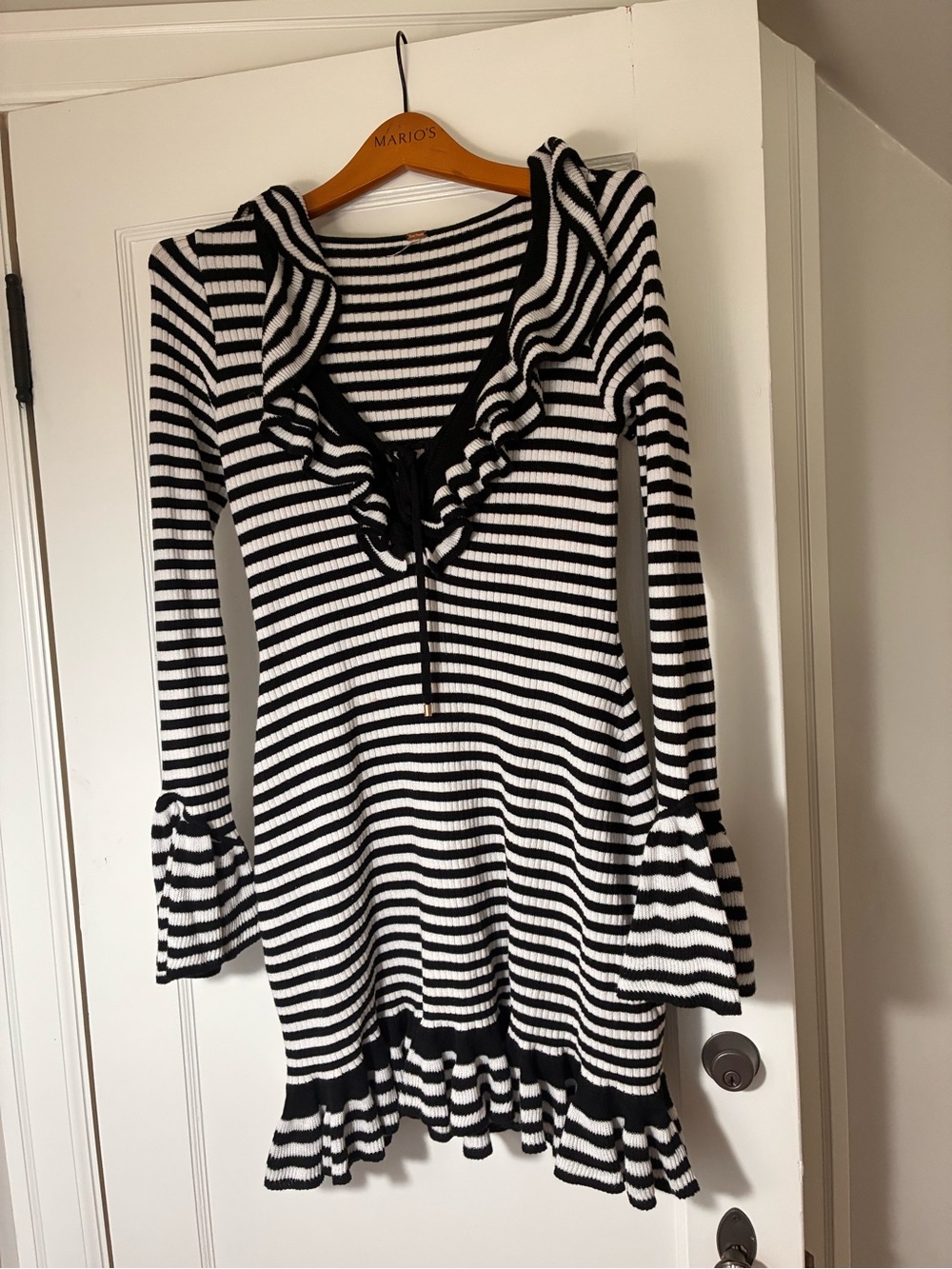 Free People Black and White Striped Ruffle Knit Mini Dress
